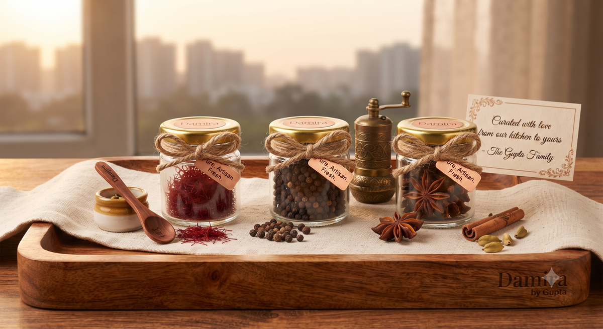 Pure ginger, banana, and beetroot powder jars by Damira by Gupta on a kitchen counter for quick, clean cooking