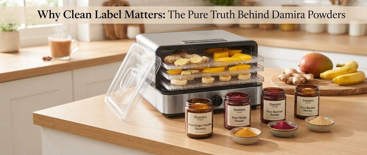Clean-label pure fruit and spice powder jars by Damira by Gupta with natural ingredients displayed