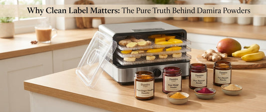 Clean-label pure fruit and spice powder jars by Damira by Gupta with natural ingredients displayed