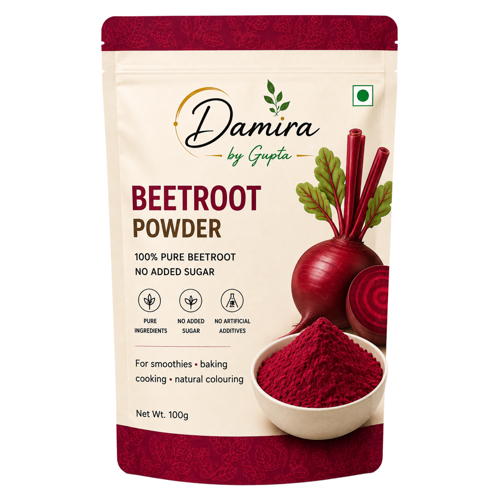 A 100g stand-up pouch of Damira by Gupta Beetroot Powder. The cream-colored packaging features a red top and bottom border, the brand logo, product name, and an illustration of a beetroot with a bowl of vibrant red powder.