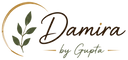 A logo design for 'Damira by Gupta' featuring a gold leaf branch motif inside a gold swoosh, with the brand name in dark brown and green script on a plain white background.