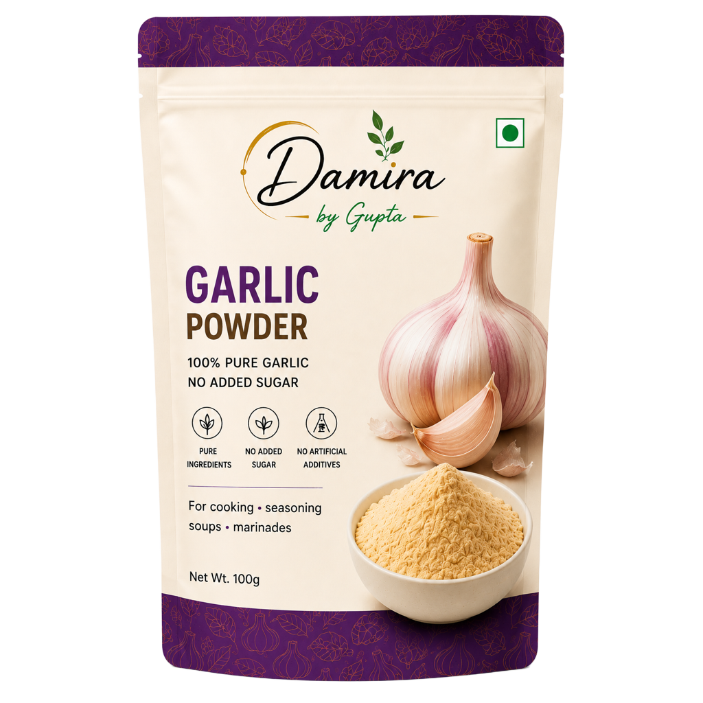 A 100g stand-up pouch of Damira by Gupta Garlic Powder, featuring a cream-colored background with purple accents, a graphic of a garlic bulb and clove, and a bowl of the yellowish powder.