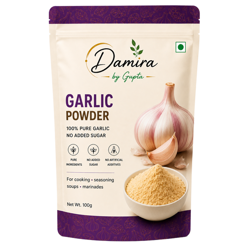 A 100g stand-up pouch of Damira by Gupta Garlic Powder, featuring a cream-colored background with purple accents, a graphic of a garlic bulb and clove, and a bowl of the yellowish powder.